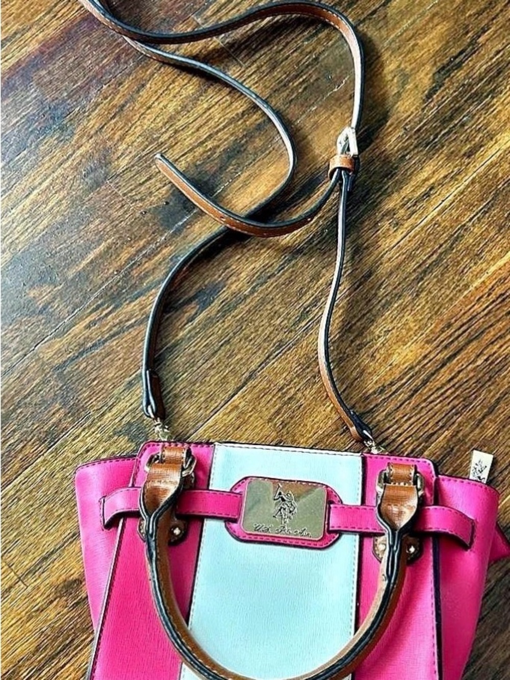 U.S. Polo Assn. Pink and White Crossbody Tote with Brown Trim